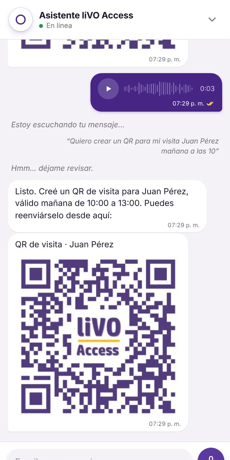 Nota de voz al asistente de liVO Access y su respuesta con un QR