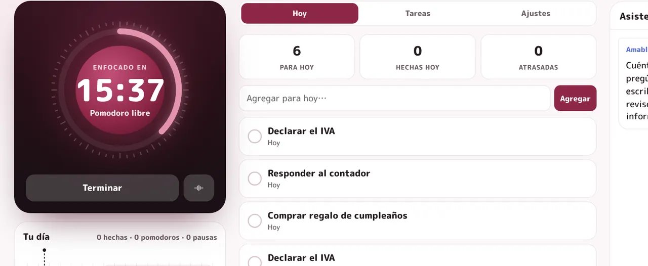 liVO Focus: un pomodoro en curso y las tareas de hoy.